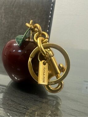 Coach Apple Keychain Charm in Deep Red with Green Leaf and Gold Hardware